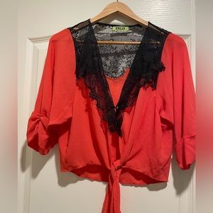 Coral and Black Lace tie front shirt